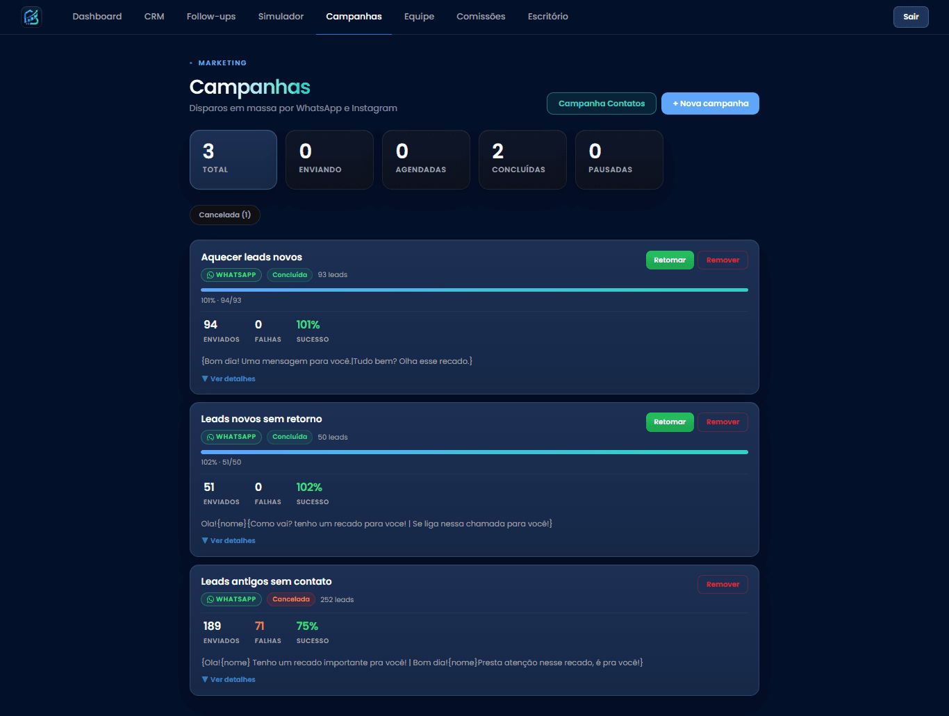 Tela de campanhas com segmentos e progresso de envio