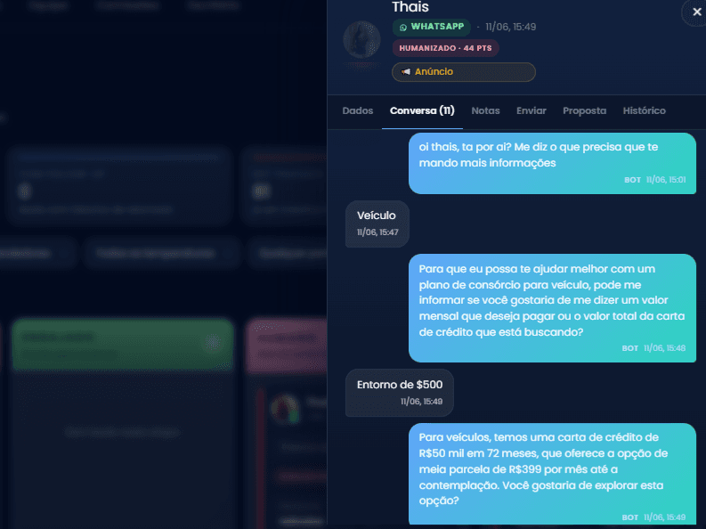 Drawer aberto mostrando conversa com a IA e histórico do lead